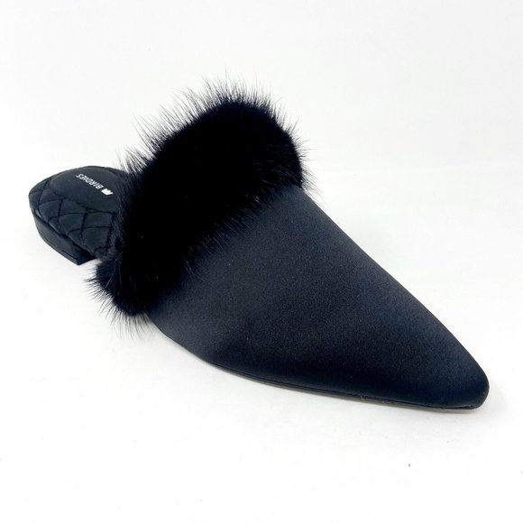 Birdies The Dove Onyx Black Womens Slip On Mink Fur Pointed Toe Mules - Picture 2 of 5